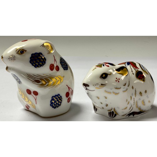 20 - A Royal Crown Derby paperweight, Meadow Rabbit, gold stopper; others, Bank Vole, gold stopper; Bunny... 