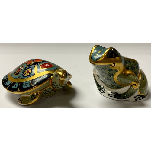 23 - A Royal Crown Derby paperweight, Fountain Frog, silver stopper; another, Terrapin, silver stopper (2... 