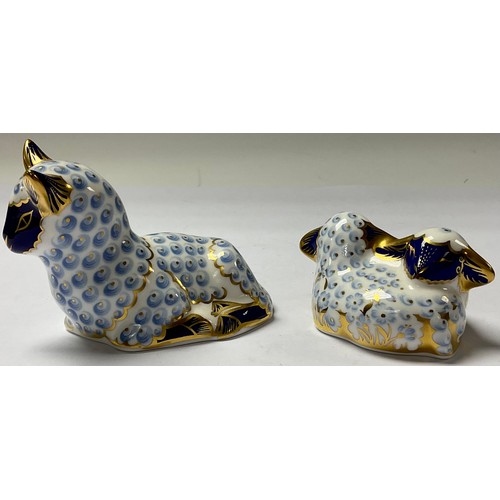 38 - A Royal Crown Derby paperweight, Lamb, gold stopper; another, Twin Lambs, gold stopper (2)