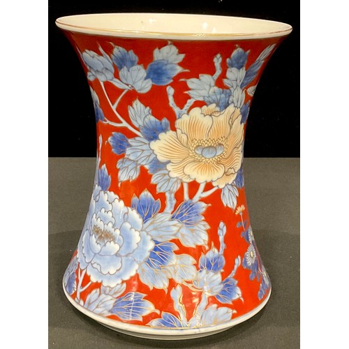 39 - A Japanese waisted cylindrical vase, painted in polychrome enamels with bird amongst flowers, picked... 