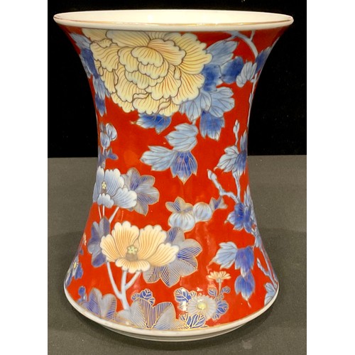 39 - A Japanese waisted cylindrical vase, painted in polychrome enamels with bird amongst flowers, picked... 