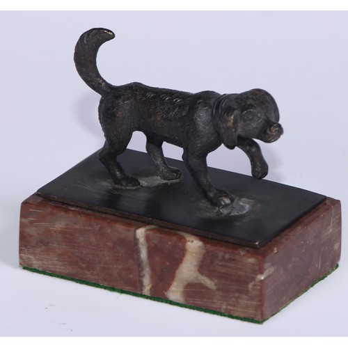 57 - An early 20th century dark patinated cabinet bronze, of a dog, rectangular marble base, 8cm wide