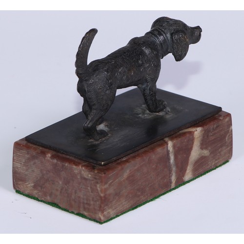 57 - An early 20th century dark patinated cabinet bronze, of a dog, rectangular marble base, 8cm wide