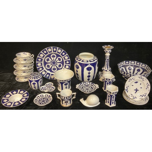 105 - Royal Crown Derby unfinished blue and white including Castleton candlestick, large octagonal bowl, g... 