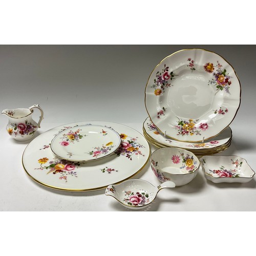 108 - A Royal Crown Derby Posie pattern gateaux platter, four dessert plates, mlik jug and sugar bowl, sau... 