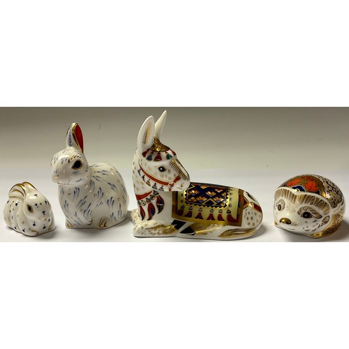 109 - A Royal Crown Derby paperweight, Donkey, silver stopper; others Hawthorn Hedgehog, Snowy Rabbit, Bab... 