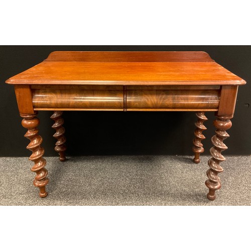 194 - A Victorian mahogany side table, oversailing top, two frieze drawers, well carved spiral turned legs... 