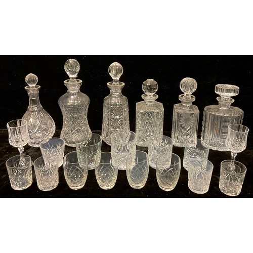 115 - Glassware - cut glass decanters, various shapes; wine glasses, etc