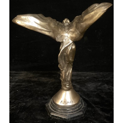 122 - A replica Rolls Royce Spirit of Ecstasy cast metal sculpture, hexagonal composite stone base, 40cm h... 