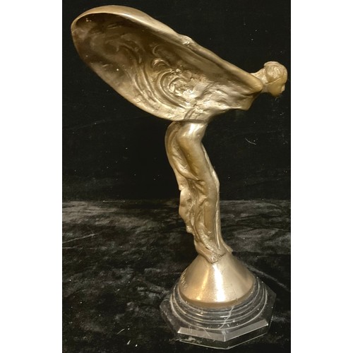 122 - A replica Rolls Royce Spirit of Ecstasy cast metal sculpture, hexagonal composite stone base, 40cm h... 