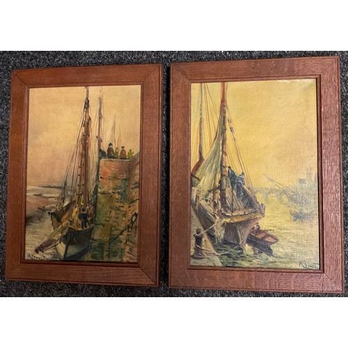 143 - M. Proust (mid 20th century), a pair, Quayside fishing boats, each signed, oils on canvas, 34cm x 23... 