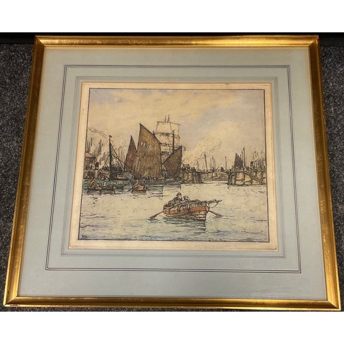 141 - Nelson Dawson, by and after, Scarborough Harbour, signed in pencil to margin, woodblock print, 36cm ... 