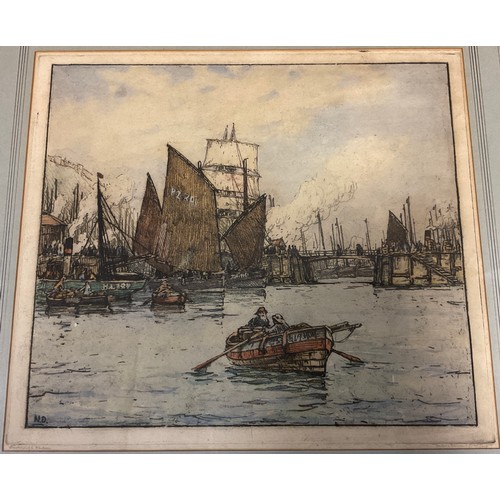 141 - Nelson Dawson, by and after, Scarborough Harbour, signed in pencil to margin, woodblock print, 36cm ... 