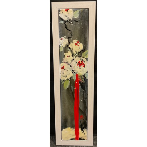 69 - Danielle O'Connor Akiyama (b.1957), Flowers in a tall red vase, signed, acrylic and resin on canvas,... 