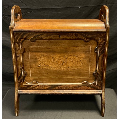 206 - An unusual Victorian rosewood and marquetry enclosed Canterbury, inlaid with leafy scrolls, hinged c... 