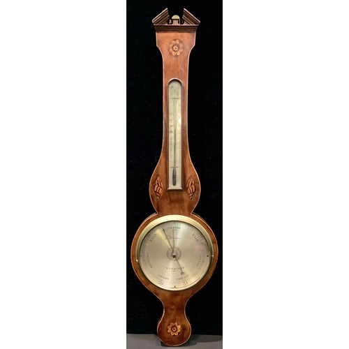 236 - A 19th century mahogany and marquetry wheel barometer, silvered register inscribed, F. Donegan, Leic... 