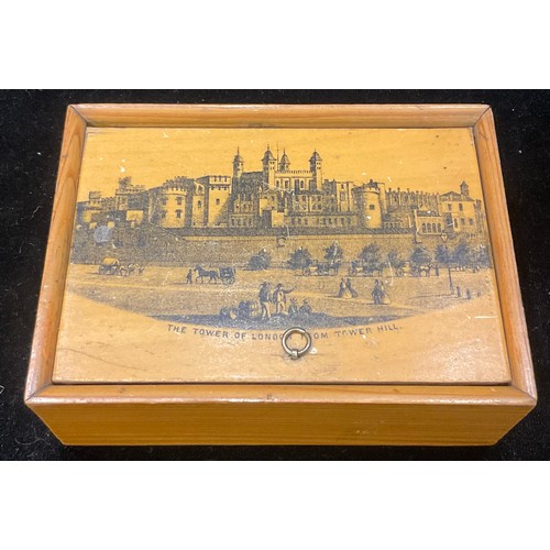 244 - A 19th century Mauchline ware rectangular cotton box, transfer printed with a named view, The Tower ... 