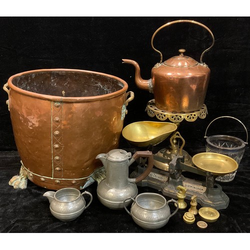 247 - A 19th century copper log bucket; a copper kettle; kitchen scales; glass ice bucket; pewter; etc (qu... 