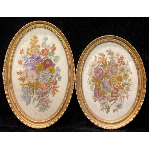 249 - A pair of early 20th century petit-point oval embroidery pictures, framed, 17cm x 23cm