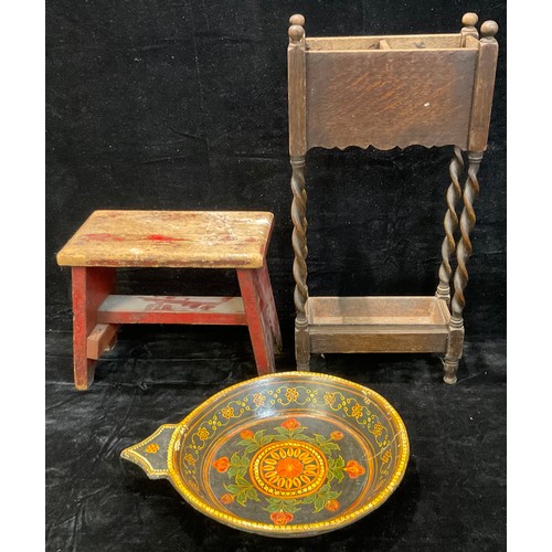 252 - A Scandinavian painted bowl; a painted stool; an oak walking stick stand (3)