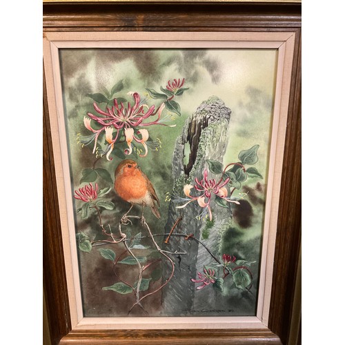 261 - Robin Gibbard (Derbyshire Artist)
Robin with Worm and Honeysuckle
signed, dated 82 watercolour, 36cm... 