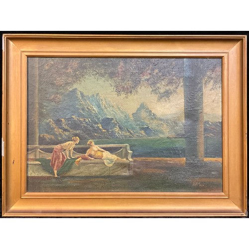 280 - WS Cupit, After Maxfield Parish  
Ladies at the Lake
signed, dated 1927, oil on canvas, 34cm x 50cm