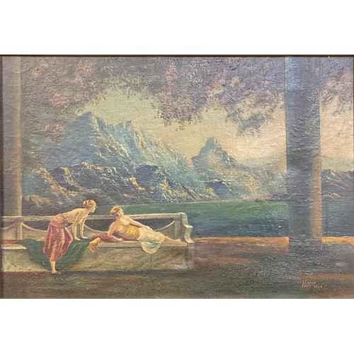 280 - WS Cupit, After Maxfield Parish  
Ladies at the Lake
signed, dated 1927, oil on canvas, 34cm x 50cm