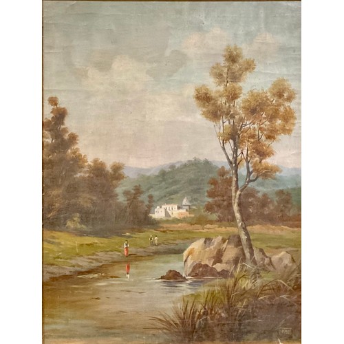 282 - Italianate Landscape, Figures near Lake, monogrammed FMS, oil on canvas, 60cm x 45cm