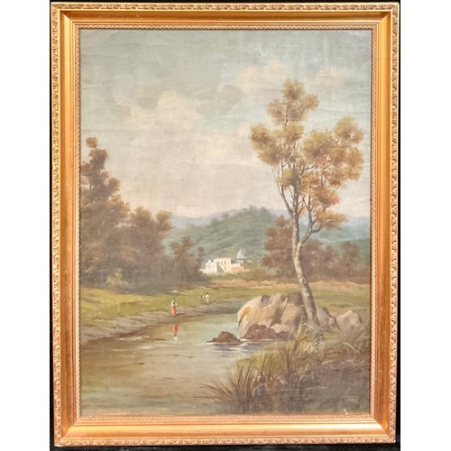 282 - Italianate Landscape, Figures near Lake, monogrammed FMS, oil on canvas, 60cm x 45cm