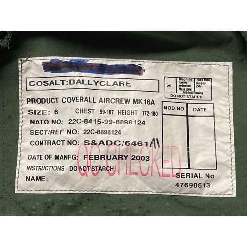 293 - RAF Coverall Aircrew Mk16A size 6, dated 2003, chest 99-107, height 172-180, stock ref 22c-8898124, ... 