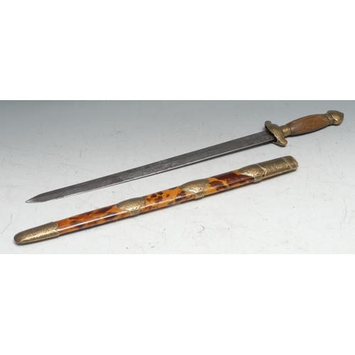 A Chinese jian sword, 42.5cm blade, fluted wooden grip, tortoiseshell ...