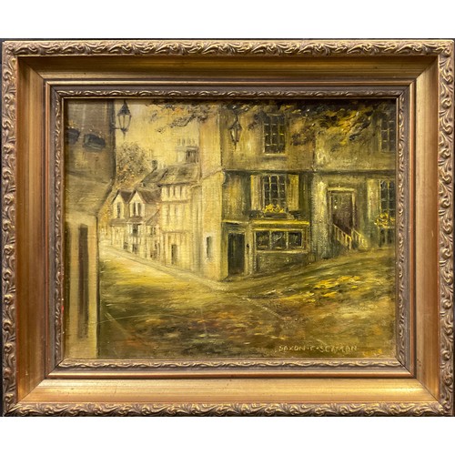 124 - Saxon Faith Seaman 
Elm Hill, Norwich
signed, oil on board, 19cm x 24cm