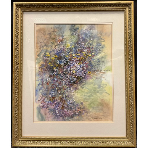 167 - Sheila Harvey, Cascade of Wild Flowers, signed, watercolour, 44cm x 35cm.