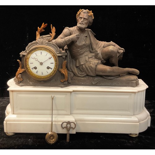 334 - A 19th century French spelter and Carrara marble figural mantel clock, 45.5cm wide