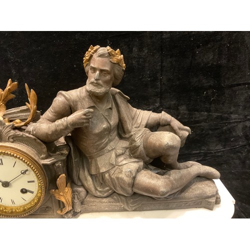 334 - A 19th century French spelter and Carrara marble figural mantel clock, 45.5cm wide