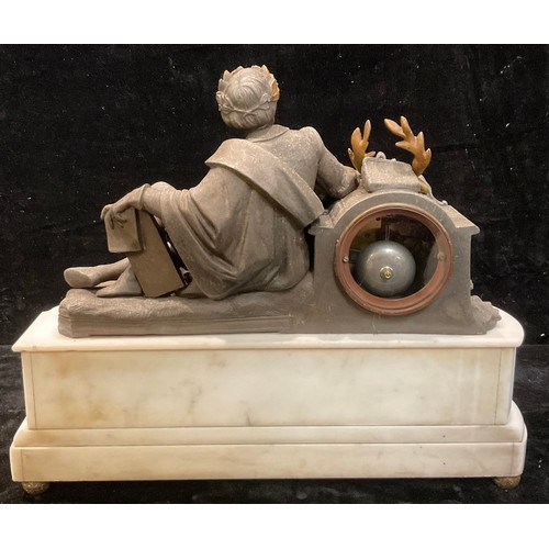 334 - A 19th century French spelter and Carrara marble figural mantel clock, 45.5cm wide