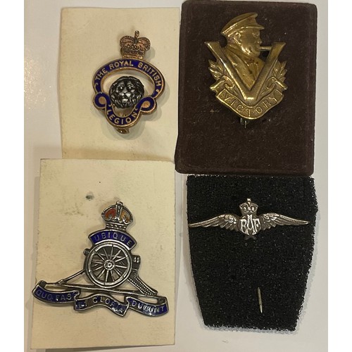 341 - A Churchill Victory badge; an enamel Royal Artillery badge; an RAF pin; a British Legion badge (4)