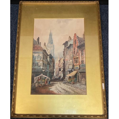 179 - C J Keats  
Flemish Cityscape  
signed, watercolour, 32cm x 50cm  

Charles James Keats (1856 - 1900... 