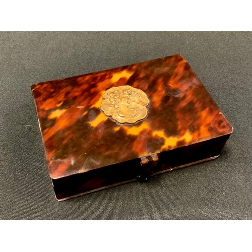 230 - A Victorian rectangular tortoiseshell ring box, the cover set with an Art Nouveau lady, 10.75cm wide... 