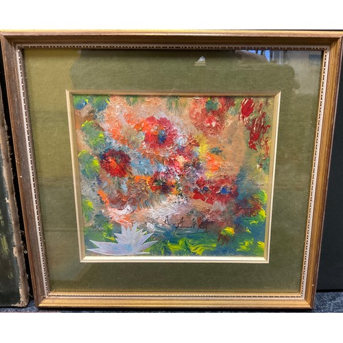 193 - Risma Bagheris, Fauvist Flowers, an impression, signed, oil on board, 29.5cm x 22.5cm;  Paiayer, sum... 