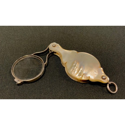 237 - A silver and mother-of-pearl folding eye glass, 8cm wide, unmarked