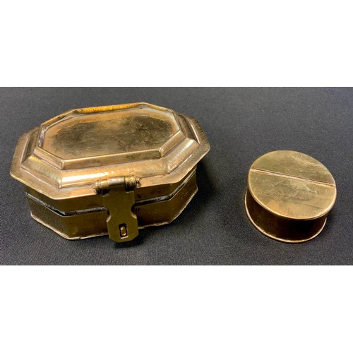 236 - A 19th century brass canted rectangular spice box, with double hinged covers, 9.5cm wide, c.1860;  a... 