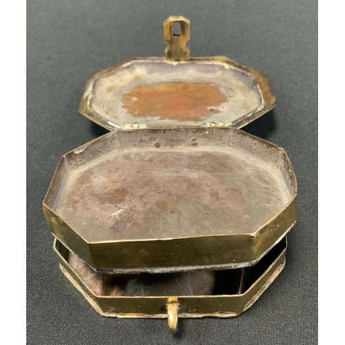 236 - A 19th century brass canted rectangular spice box, with double hinged covers, 9.5cm wide, c.1860;  a... 