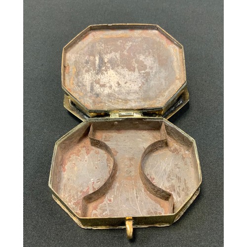 236 - A 19th century brass canted rectangular spice box, with double hinged covers, 9.5cm wide, c.1860;  a... 