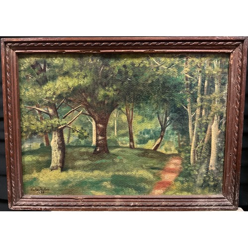 205 - Victor Dubois, ‘Woodland path in Summer’, signed, dated 1934, oil on board, 23cm x 33cm;  A. Richter... 