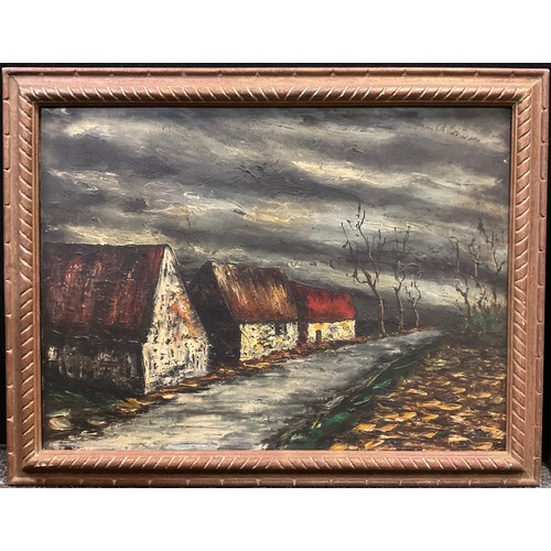 206 - Ardiss (French, mid 20th century), Three Cottages, stormy sky, signed, oil on canvas, 48cm x 65cm;  ... 