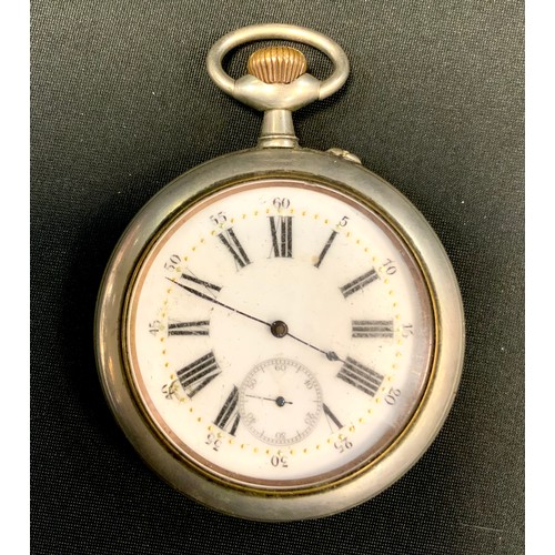 250 - Railway Interest - a large chrome plated open faced pocket watch, Roman numerals, subsidiary seconds... 