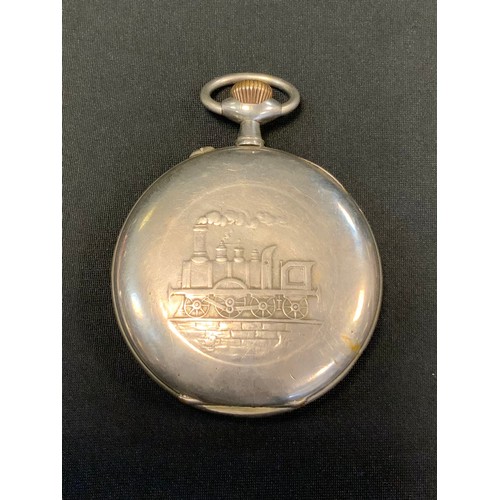 250 - Railway Interest - a large chrome plated open faced pocket watch, Roman numerals, subsidiary seconds... 