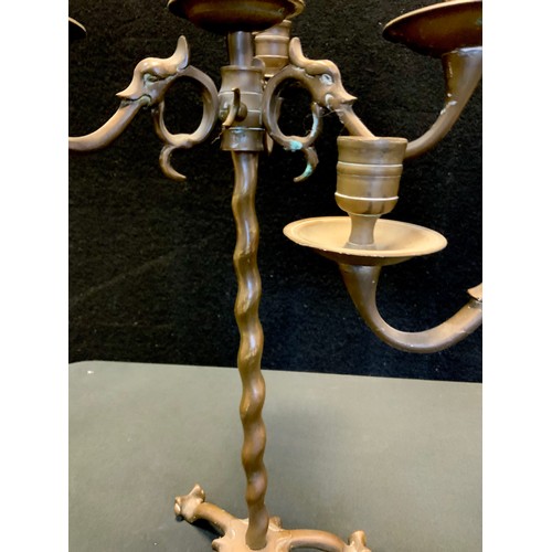 88 - A pair of late 19th/early 20th century patinated bronze coloured metal adjustable tripod candelabra,... 