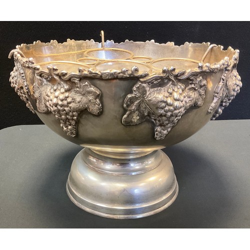 89 - A large 20th century silver plated punch bowl/bottle chiller, case grape vine collar, removable bott... 